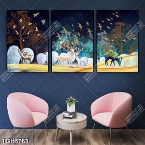 Tranh ghép 3 tấm nai và rừng