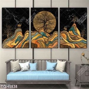 Tranh ghép 3 tấm núi và hươu, trăng