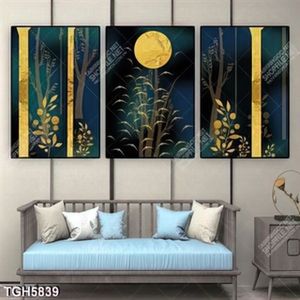 Tranh ghép 3 tấm cây và đàn chim gold