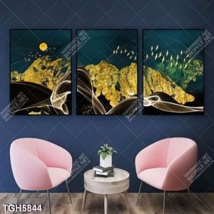 Tranh ghép 3 tấm núi gold và đàn chim
