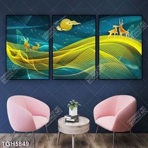Tranh ghép 3 tấm hươu trên núi nghệ thuật