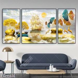 Tranh ghép 3 tấm hươu và sông in kính chất lượng cao
