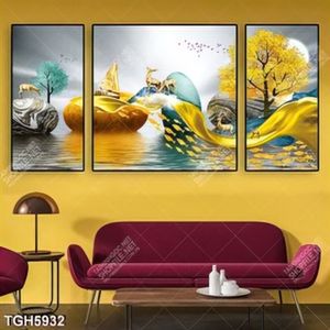 Tranh ghép 3 tấm đôi hươu và đàn cá
