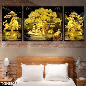 Tranh ghép 3 tấm thuyền và Voi gold