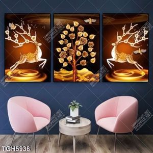 Tranh ghép 3 tấm đôi hươu và cây vàng
