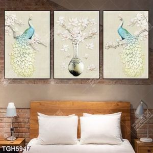 Tranh ghép 3 tấm bình hoa cổ và chim công