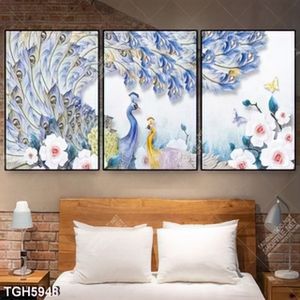 Tranh ghép 3 tấm chim công và hoa hồng
