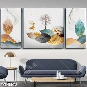 Tranh ghép 3 tấm lá và hươu in kính đẹp
