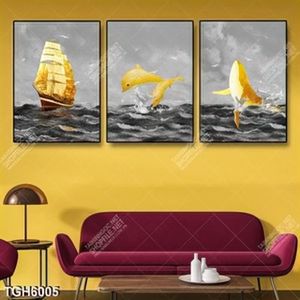 Tranh ghép 3 tấm cá heo gold và thuyền trên sông