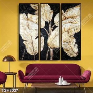 Tranh ghép 3 tấm phù điêu lá chuối gold