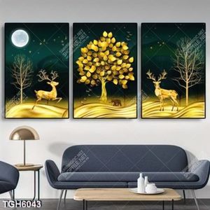 Tranh ghép 3 tấm cây và hươu vàng