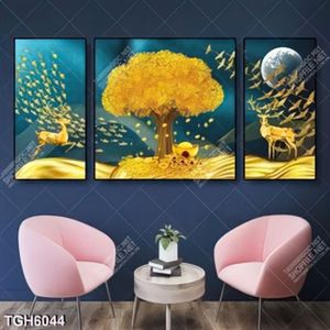 Tranh ghép 3 tấm cây gold và hươu