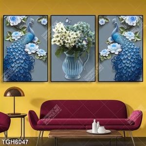 Tranh ghép 3 tấm chim công xanh