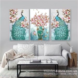 Tranh ghép hoa và chim công màu lam đẹp