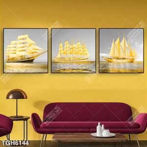 Tranh ghép 3 tấm thuyền gold in kính đẹp