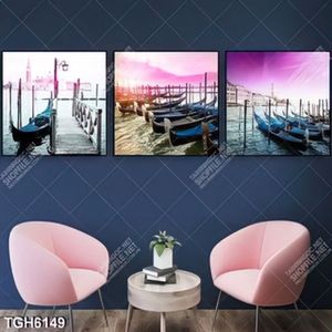 Tranh ghép 3 tấm thuyền trên sông