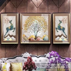 Tranh ghép lụa 3d  con nai và cái cây