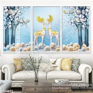 Tranh ghép lụa 3d con hươu đẹp in uv