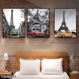 Tranh ghép 3 tấm tháp eiffel và xe cổ