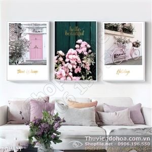 Tranh ghép hoa hồng và chiếc xe đạp