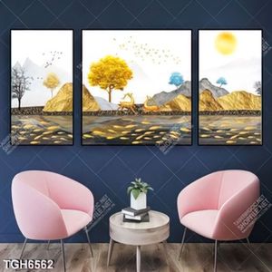 Tranh ghép 3 tấm đôi hươu và đàn cá gold