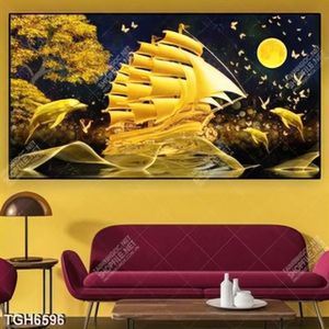 Tranh thuyền và cá heo gold
