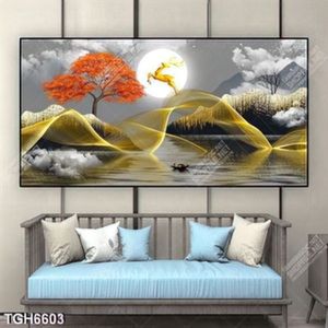 Tranh ghép decor cây lá đỏ và hươu