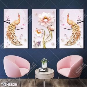 Tranh ghép 3 tấm chim công và hoa Sen