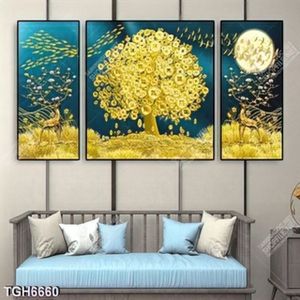 Tranh ghép 3 tấm cây và hươu tài lộc