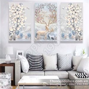 Tranh ghép con nai lụa 3d và cành cây màu trắng