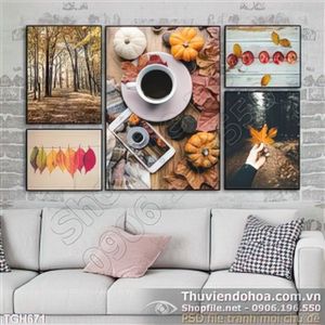 Tranh ghép bộ 5 tấm trang trí quán cà phê đẹp