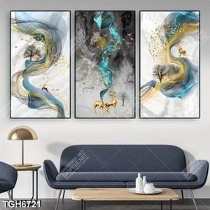 Tranh ghép 3 tấm hình hươu và lụa nghệ thuật