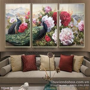 Tranh ghép hoa mẫu đơn và chim công