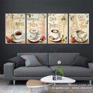 Tranh ghép bộ 4 tấm ly cà phê