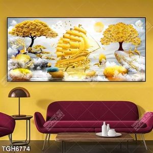 Tranh ghép khổ ngang thuyền và hươu vàng