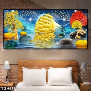 Tranh ghép thuyền vàng và hươu in kính
