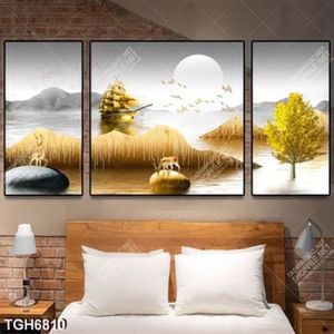 Tranh ghép 3d thuyền và núi vàng