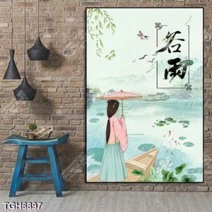 Tranh màu nước khổ dọc thiếu nữ trên dòng sông