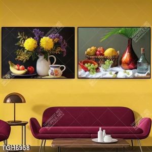 Tranh ghép 2 tấm bình hoa và trái cây