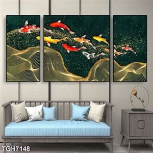 Tranh ghép 3 tấm cá Koi và sóng nước