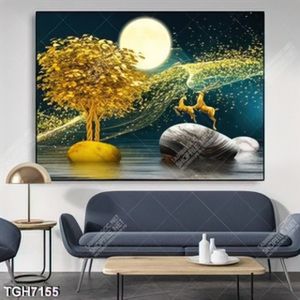 Tranh ghép đôi hươu và cây dưới ánh trăng