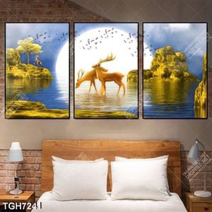 Tranh ghép 3 tấm đôi hươu và núi gold