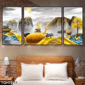 Tranh ghép 3 tấm lụa hươu trên sông và núi