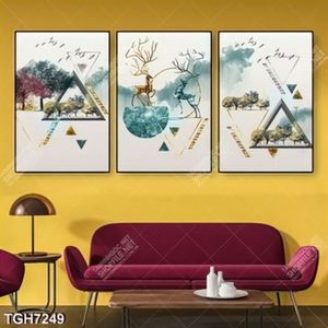 Tranh ghép 3 tấm đôi hươu và hình học