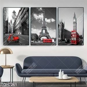 Tranh ghép 3 tấm phố Paris và xe cổ
