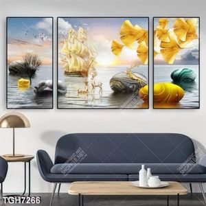 Tranh ghép 3 tấm thuyền và hươu