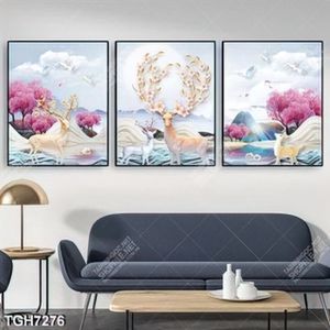 Tranh ghép 3 tấm phù điêu hươu và cây