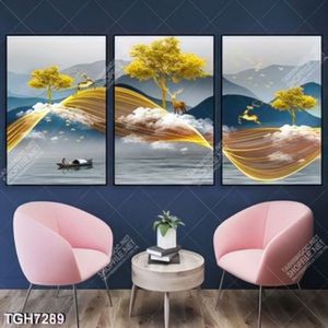 Tranh ghép 3 tấm cây và lụa gold