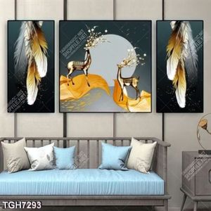 Tranh ghép 3 tấm đôi hươu gold in kính đẹp