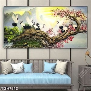 Tranh sơn dầu chim hạ và cây đào